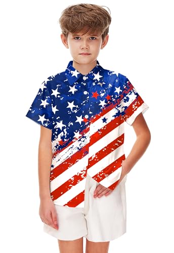Image of Remimi Unisex Kids 4th of July Button Up Shirt Boys American Flag Print Hawaiian Beach Short Sleeve Tops 5-14 Years