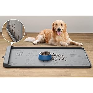 Dog Food Mat – Silicone Dog Mat for Food and Water – 36″ x 24″ Large Pet Feeding Mats with Residue Collection Pocket – Waterproof Dog Cat Bowl Mat with High Edges to Prevent Water Food Spills (Gray)