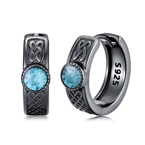 Black Viking Hoop Earrings for Men 925 Sterling Silver Rune/Ankh/Celtic Knot Turquoise Huggie Earrings Viking Jewelry Gifts for Men Women