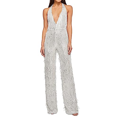 IQYU Mono Lentejuelas Traje de Correr de Dos Piezas para Mujer, Blanco, S