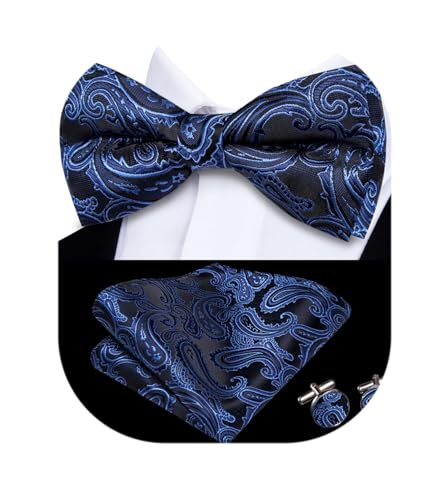 Image of Dubulle Navy Blue Mens Bowtie Paisley Striped Set Pre-tied Bowtie for Men and Pocket Square Wedding Business