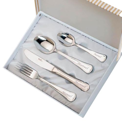 Curia Grabador - Juego de Cubiertos de Comunión Cadete Personalizados | Grabado con Nombre y Fecha | Estuche de Regalo Incluido, Acero Inoxidable 18/10 Modelo Paris (Modelo Paris)