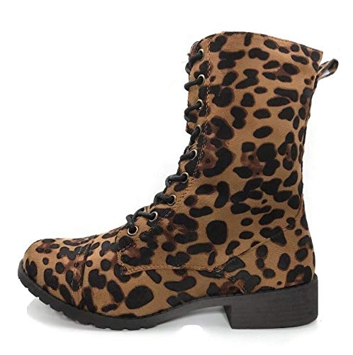 Image of Forever Link Womens Round Toe Military Lace Up Knit Ankle Cuff Low Heel Combat Boots