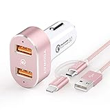 Youway Car Charger Adapter, Quick Charge 3.0 36W Rapid Dual USB Ports, with 3ft Cable for iPhone X/8/7/6s/Plus/SE, Samsung Galaxy S9/S8/S7/S6/Edge/Plus, HTC, LG, Sony & More-Rose Gold