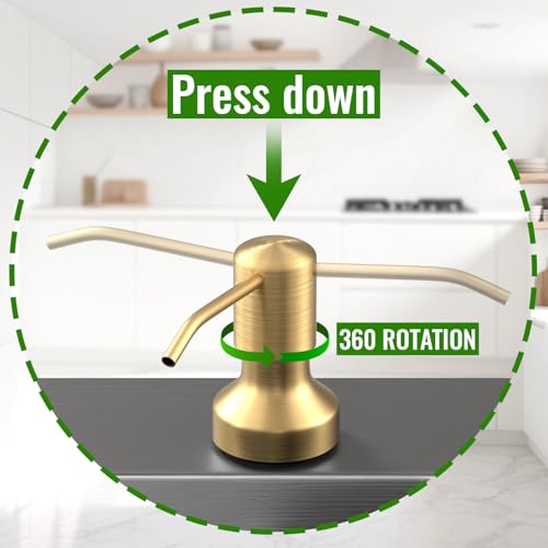 Image of Soap Dispenser for Kitchen Sink, Kitchen Sink Soap Dispenser with 17 OZ Bottle, Refill from The Top Bar, Longer Threaded Shaft Shank, Wide Pump Head Base (Golden)