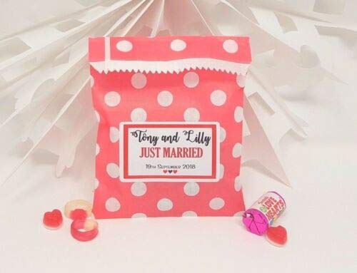 Treasured Forever Personalised Wedding Favour Sweet Bags Birthday Candy Cart Striped Polka Dots | Red Polka Dots - Just Married | 100