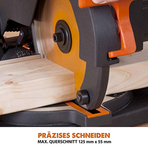 Evolution Gehrungssäge R210CMS | 1200 W Gehrungssäge | Inkl. Ø 210 mm HM-Sägeblatt Multi-Material-Schneiden Holz, Aluminium, Stahl, Kunststoff | 0°- 45° Fase und 45°- 45° Gehrungswinkel | Kappsäge