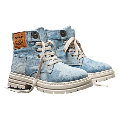 Men's Fashionable Denim Design Lace Up Boot, Casual Comfortable Blue Boots for Men Daily Wear, Male All-match Round Toe High Cut Daily Wear, Footwear, Casual Ankle, Walking Shoes (light blue,12)