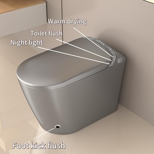 Inodoro inteligente gris con bidé integrado y asiento calefactado | Entrada de 30,5 cm, agua tibia, secador de aire caliente, descarga por sensor de pie, pantalla LED, luz nocturna estrellada, diseño monobloque miniatura 4