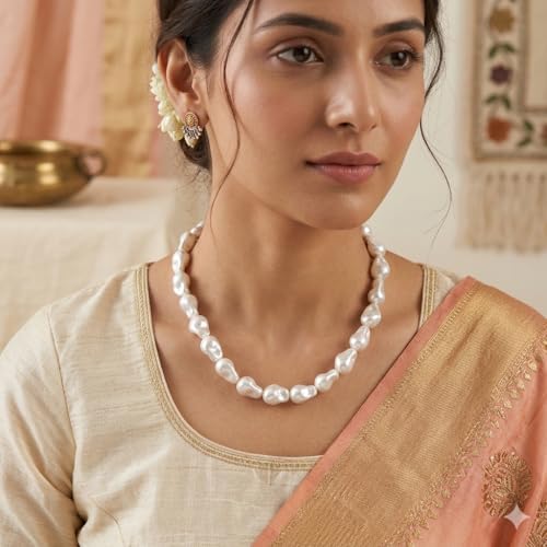 Image of OVANA Baroque Shell Pearl Necklace for Women | White Moti Mala | 925 Sterling Silver Adjustable Lobster Clasp | Elegant Pearl Jewellery | Statement Necklace Gift for Women