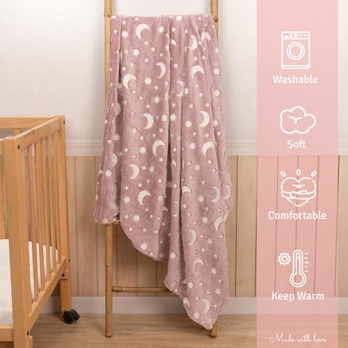 Miniatura 4 de Wanapix Manta Luminosa Brilla En La Oscuridad Suave Y Acogedora Para Niños Y Niñas Manta Rosa De Lunas Apta Lavadora 150x125 Cm