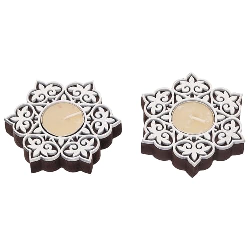 Image of eCraftIndia Set of 2 White Brown Wooden Floral Printing Block Decorative Tea Light Candle Holders, Diya Stands | Tea Light Holders | Christmas Diwali Decoration Items for Home Decor
