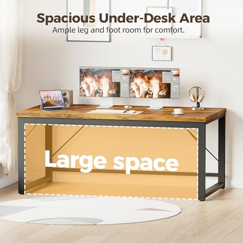 Image of 63 Inch Computer Desk, 1 inch Thick Large Office Table, Brown | Modern Simple Style, Heavy Duty Industrial Frame, Large Study & Writing Table for Home Bedroom Work