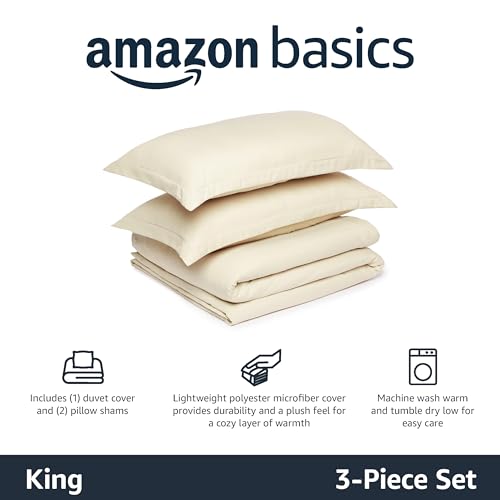 Image of Amazon Basics Lightweight Microfiber 3-Piece Duvet Cover Set with Zipper Closure, King, Beige, Solid