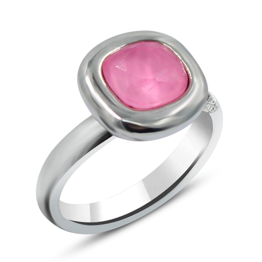Passo Anillo plata mujer con piedra tallada en color rosa - Anillo solitario mujer ajustable, ideal para las tallas más comunes - Se envía en una cajita de regalo