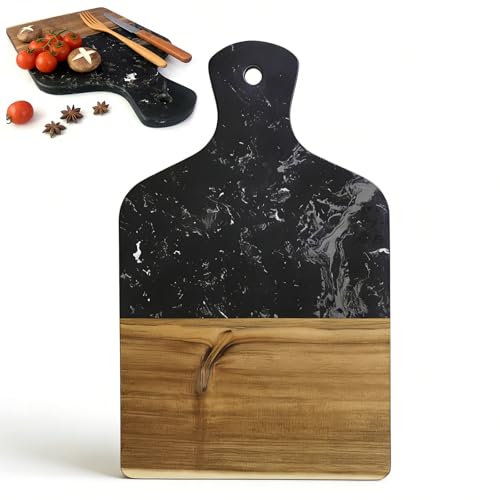 Tabla de cortar rectangular de mármol y madera con mango miniatura 1
