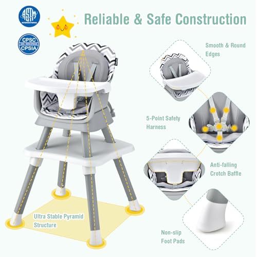 Image of GLACER 8 in 1 Convertible Baby High Chair - Adjustable High Chairs for Babies and Toddlers with Removable Tray, Dual Cushions, Activity Table and Chair Set, Booster Seat, Stool (Wave Gray)