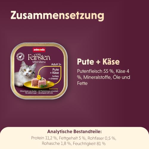 animonda Vom Feinsten Adult Mildes Menü Pute + Käse (32 x 100 g), Nassfutter für sensible Katzen, Katzenfutter ohne Getreide und Zucker, leicht verdauliches Futter mit Putenfleisch