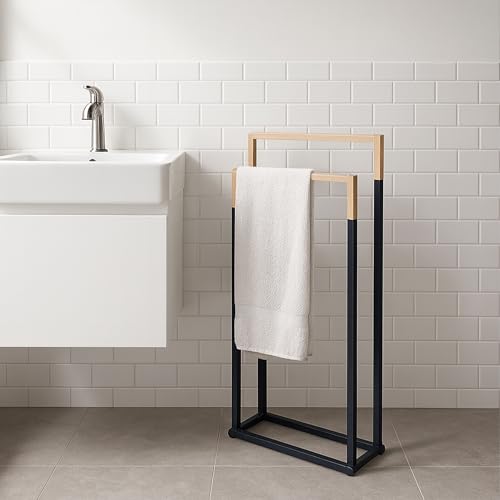 Relaxdays Toallero, H x An x F: 86 x 44 x 21 cm, Metal, bambú, 2 Varillas, de pie, Negro/Natural, Hierro, 84.5 x 45 x 21 cm - imagen 2
