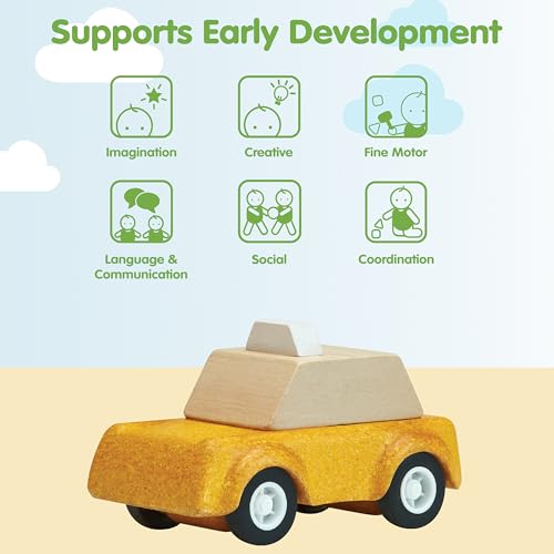 Image of PlanToys Yellow Taxicab Wooden Montessori Vehicle Toy | Early Movement, Imagination and Practical Life Exploration | Eco Friendly Taxi for Indoor and Outdoor Play