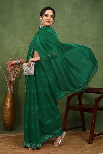 Image of MIRCHI FASHION Saree for Woman Georgette Solid with Satin Stripes | Stone Border Farewell and Ceremonial Sari with Blouse Piece