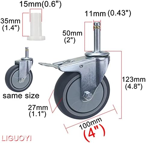3 Inch 4 Inch Caster Replacement Swivel Stem 7/16-Inch, Dining Cars Caster 2 with Brakes 2 Without Brakes, No Noise Rubber Casters with Sockets,Easy to Install for Mop Buckets, Trolley ( Size : 100mm-