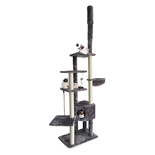 Image of Furhaven 100 inch-113 inch Tall Cat Tree for Indoor Cats w / Adjustable Height, Ft. Sisal Scratching Posts, Condo, & Toys - Tiger Tough Skyscraper Interactive Playground Tower - Gray, One Size