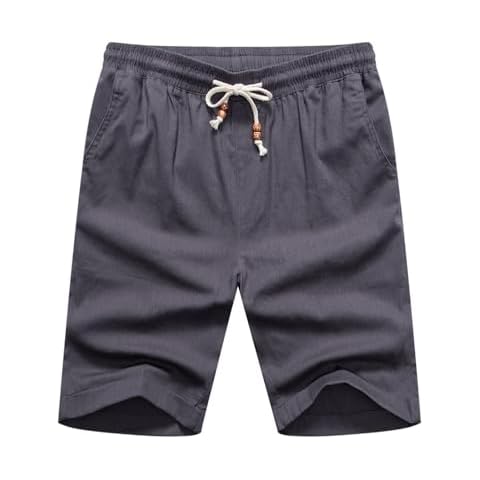 Manwan walk Men's Casual Cotton Elastic Waist Drawstring Linen Shorts Summer Beach Lightweight Shorts Dark Grey M Cover