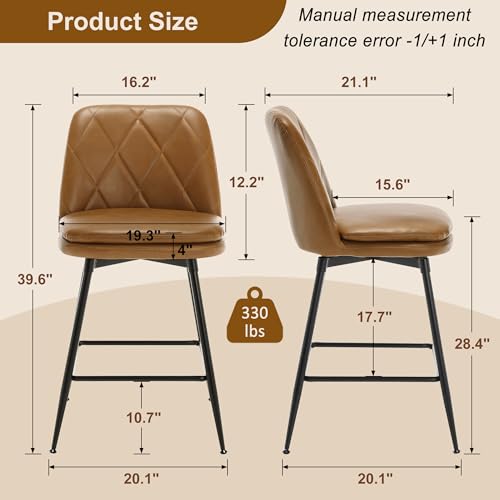 Image of Swivel Bar Stools Set of 4, Swivel Counter Height Bar Stools Set with Metal Legs and Upholstered Faux-Leather Seats, Modern Bar Stool with Back for Kitchen Island (A29 H, Brown)
