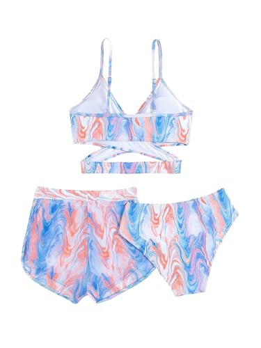 Image of WDIRARA Girl's 3 Piece Swimsuits Criss Cross Wrap Front Swimwear Set Marble Print Swimsuit with Beach Shorts