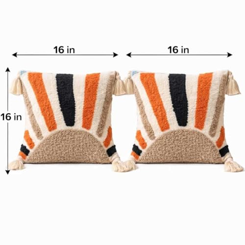Image of Cushion Cover Pack of 4 (16x16 Inches) | Cotton Textured Decorative Throw Pillow Case for Sofa Bed Living Room Tufted Cushion Cover with Tassels (Multicolor)
