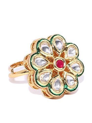 Priyaasi Statement Kundan Gold Ring For Women (Plating Of Gold) | Flower Design | Red Stone-Studded | Brass Metal | Big Size | Adjustable Ring For Girls - For Wedding, Puja, Reception, & Party #TOP7