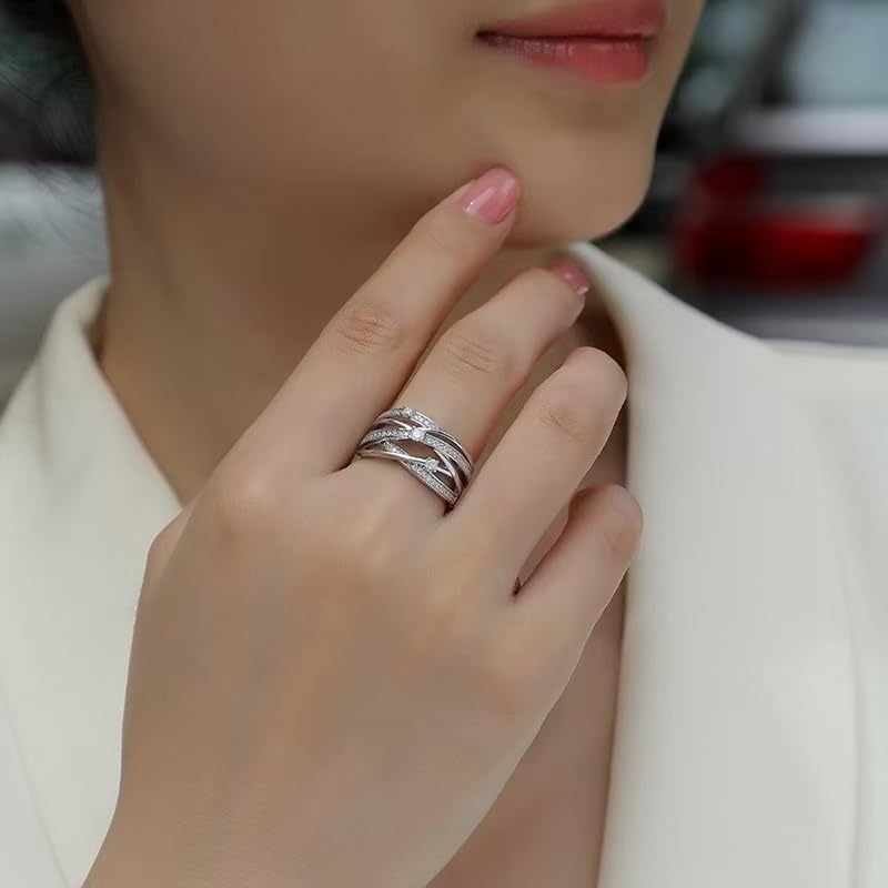 ENDLESSNESS & ETERNITY Crisscrossed Half Eternity Multi-layer CZ Diamond Wedding Band Ring 14K Gold Plated Stackable Anniversary Ring - Image 4