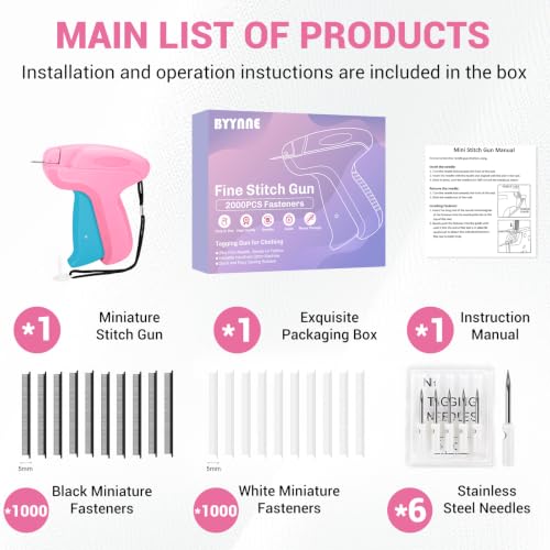 Image of Stitch Gun for Clothes - Handheld Quick Clothing Fixer - Tagging Gun for Clothing, Sewing Kit - Includes 6 Fine Needles, 1000 White & 1000 Black Fasteners (Pink Blue)
