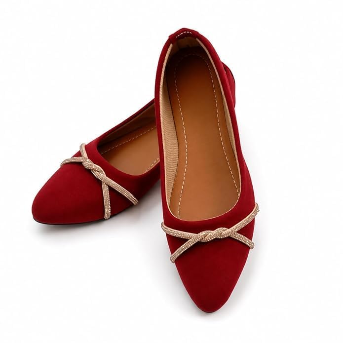 Women’s Stylish Red Ballet Flats | Comfortable Slip-On Bellies for Women & Girls | Soft Suede Finish Pointed Toe Flats with Elegant Knot Strap Design | Casual, Party & Office Wear Fashion Footwear for Daily Use-image-36