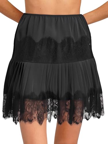 inhzoy Falda Mini Mujer Elegante con Encaje, Pliegues y Volantes, Cintura Elástica, para Fiestas y Diario Negro M