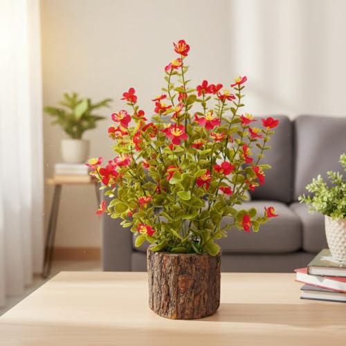 Image of Dekorly Artificial Flower Fern Bush in Rustic Wood Pot|35 cm - Lifelike Blossom Faux Plant for Home & Office Decor (Red)