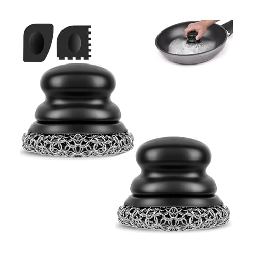 Image of Cast Iron Scrubber (2 x Black Coarse Mesh) and and Scraper, Chain Mail Scrubber for Cleaning Stock Pots, Pans, Griddles, Grills, Cast Iron Skillets, Dish Scouring Pads