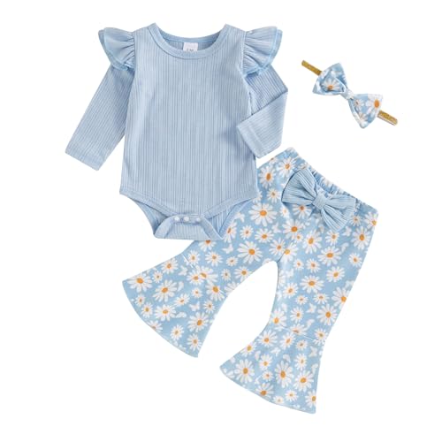 Newborn Baby Girl Fall Outfits Ribbed Long Sleeve Ruffle Romper Floral Flared Pants Headband Set 3Pcs Winter Clothes (A-A Blue, 0-3 Months)
