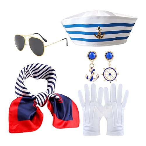 Disfraz de capitán de yate para adulto, disfraz de marinero, juego con sombrero, gafas de sol, bufanda, accesorios de disfraz de marinero, 5 unidades, ropa de escena para Mardi Gras, Halloween