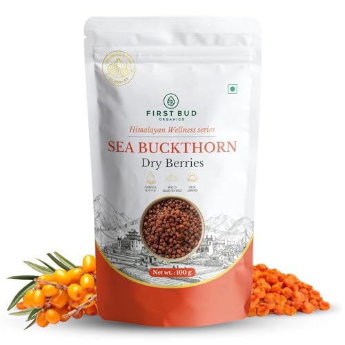 Image of First Bud Organics Himalayan Sea Buckthorn Berry 100g | Sun-Dried, Natural & Unsweetened | Rich in Omega 3 6 7 9, Vitamin C & E | Dried Sea Buckthorn Berry for Skin, Immunity, Gut & Heart | No Preservatives