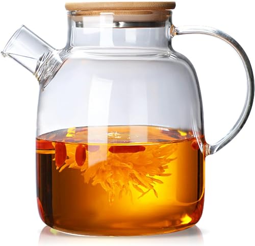 Image of Glass Teapot Stovetop 1800ml, Borosilicate Clear Tea Kettle with Bamboo Lid, Glass Tea Pot with Removable Filter Spout,Teapot Blooming and Loose Leaf Tea 1 Pcs (1800ML Kettle, Medium)