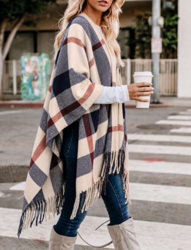 Image of Bestshe Women's Boho Open Front Poncho Plaid Shawl Wrap Cape