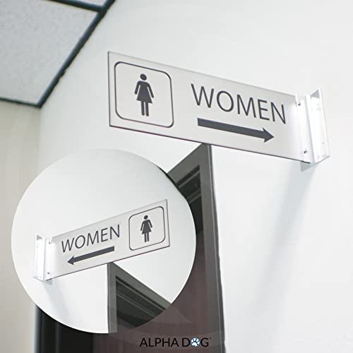 Hallway Projecting Women's Restroom Sign For Business, Left Arrow, 4"H X 12"W, 1/8" Double-Sided Corridor Sign, Engraved, Uv Stable Plastic - Made In The Usa By Alpha Dog Ada Signs (Brushed Stainless) #TOP3