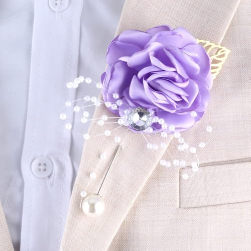 WANLIAN Bridesmaid Wrist Corsage Wedding Flowers Boutonniere Set Prom Dusty Purple Flowers for Groom Bridal Wedding Party Prom Set of 2(Purple) - Thumbnail 7