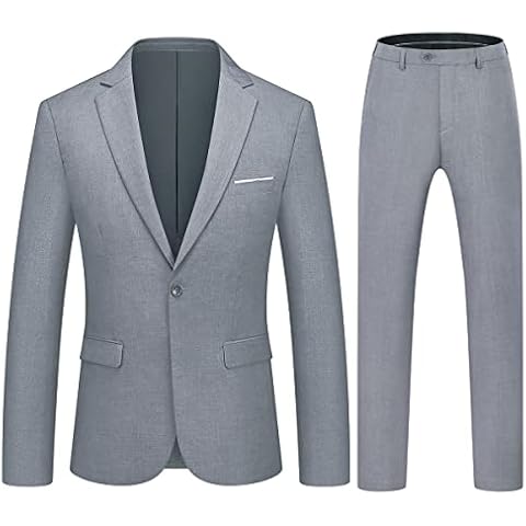 KUDMOL Mens Slim Fit Suit 2 Piece One Button Solid Color Tuxedo for Daily Business Wedding Party Prom (Suit Blazer + Pants), Light Grey, Medium Cover