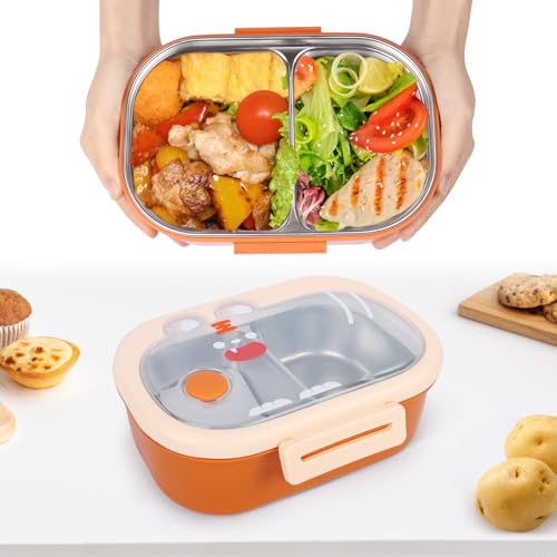 Minicoco Bento Lunch Box, Stainless Steel Bento Box with 2 compartments, Heavy Duty Thermal Lunch Box Portable Lunch Box Stackable Leakproof Bento Box, Thermal Box for Hot Food (Orange)