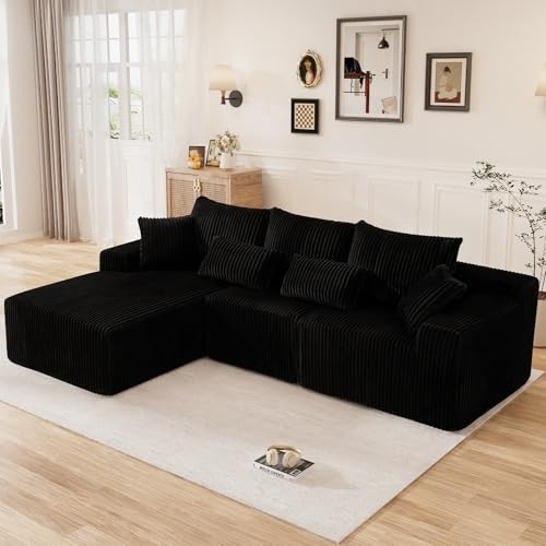 Image of 110 inch L Shaped Cloud Boneless Sectional Couches for Living Room, Modern Comfy Modular Deep Seat Memory Foam Compressed Corduroy Sofa Oversized Left Facing Chaise, No Assembly Required, Balck