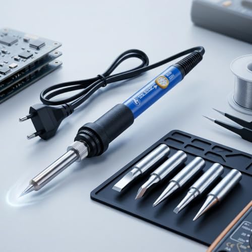 Image of 60W Adjustable Temperature Soldering Iron Kit Set with 5 Tips (Conical, Flat, Pointed, Round Tip) | 220V Original Rework Station Tool for PCB, DIY & Electronic Repair (Blue)