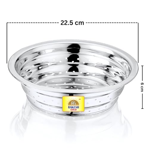 Image of Rakesh Gold Stainless Steel Colander & Strainer for Kitchen Use - Multi-Use Channi /Steel Chalni with Holes for Washing Rice, Fruits, Vegetables & Wheat (Regular Size) (Small Size, Colander)